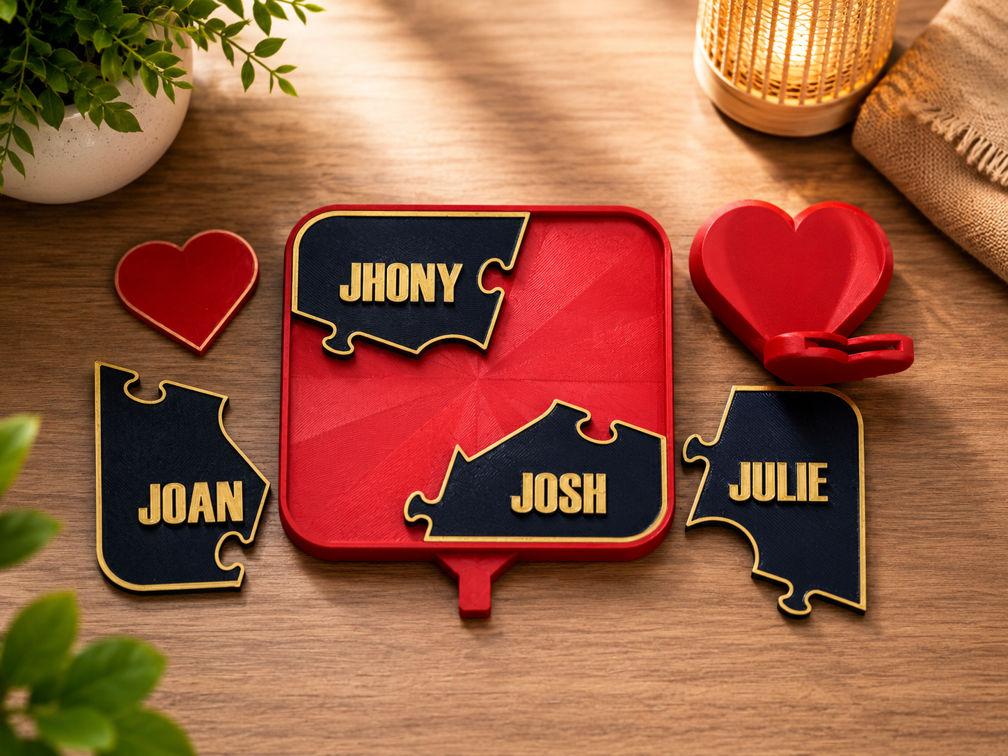 ❤️ Forever Connected Family Puzzle Plaque | Personalized Family Puzzle Name Plaque with Heart Stand – 3D Printed Custom Desk Décor