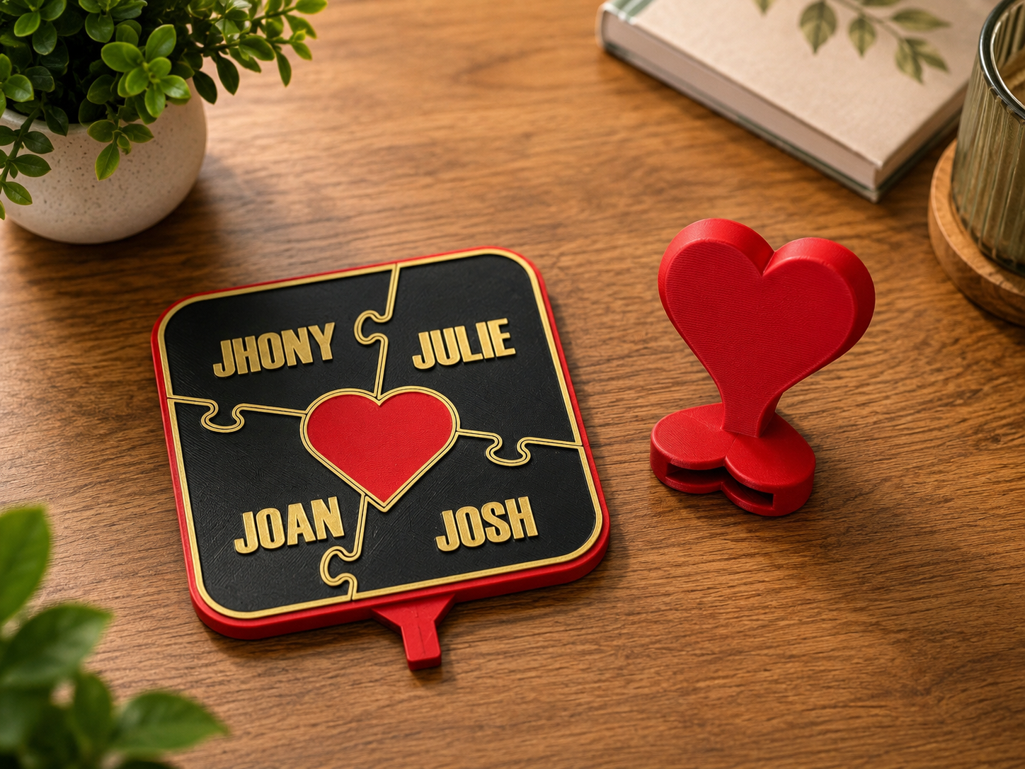 ❤️ Forever Connected Family Puzzle Plaque | Personalized Family Puzzle Name Plaque with Heart Stand – 3D Printed Custom Desk Décor