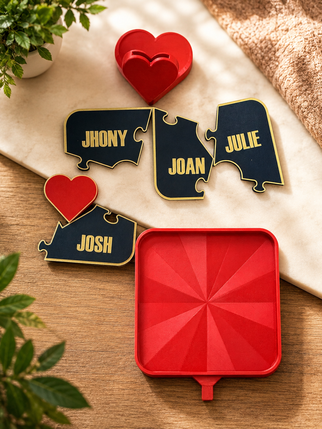 ❤️ Forever Connected Family Puzzle Plaque | Personalized Family Puzzle Name Plaque with Heart Stand – 3D Printed Custom Desk Décor