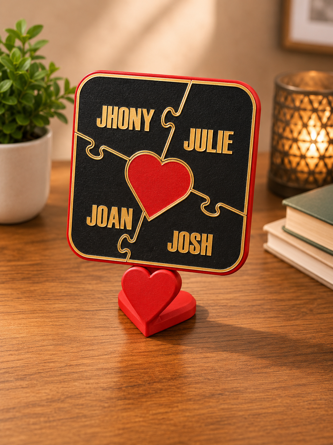 ❤️ Forever Connected Family Puzzle Plaque | Personalized Family Puzzle Name Plaque with Heart Stand – 3D Printed Custom Desk Décor