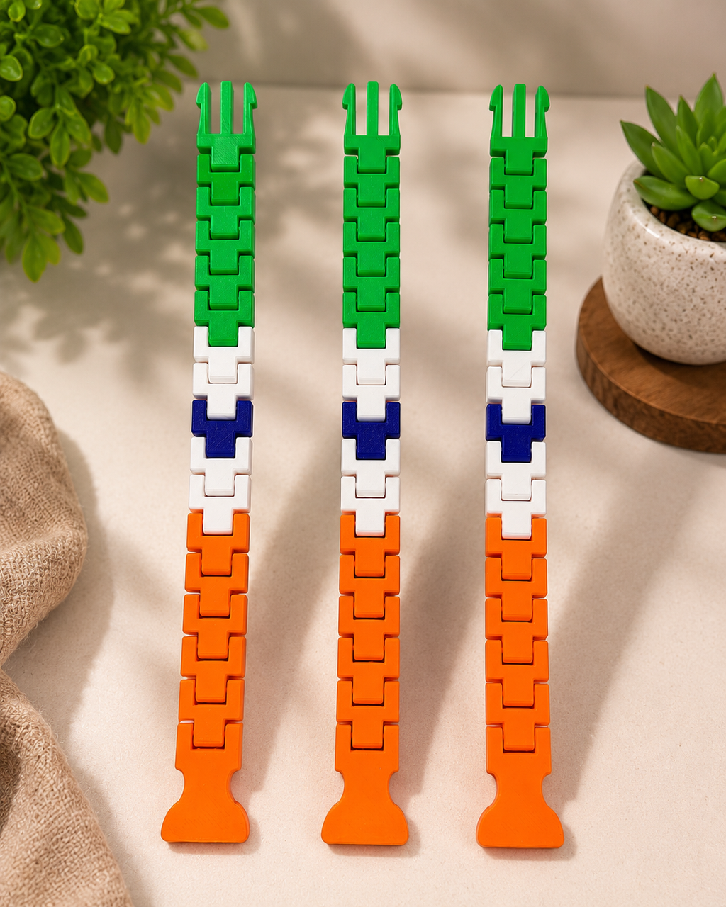 3D Printed Adjustable Tricolour Bracelet | Reusable Snap-Fit Wristband | Independence Day & Republic Day Accessory